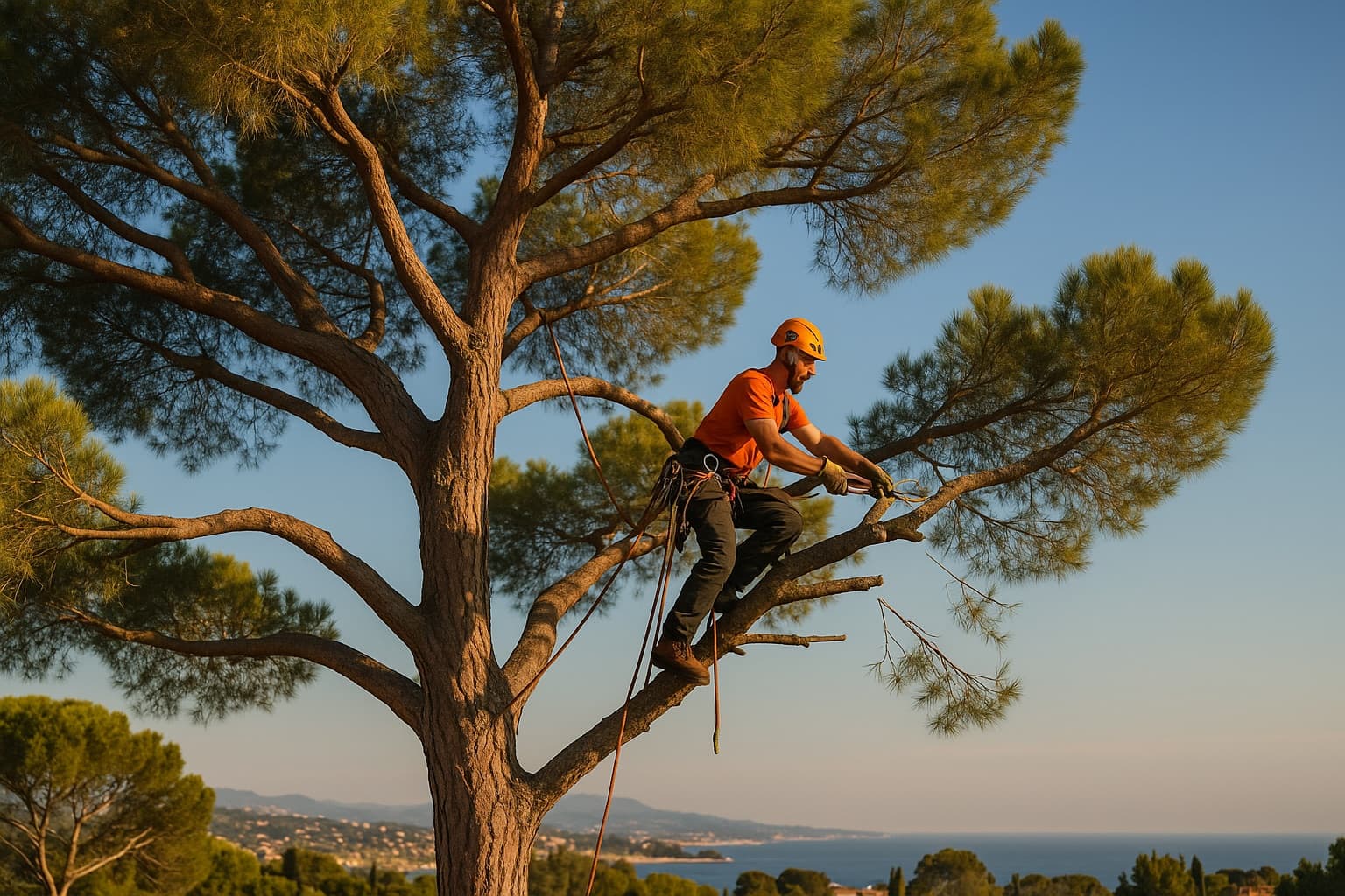 Arboriste d'Alpha Élagage taillant un grand pin sur la Côte d'Azur